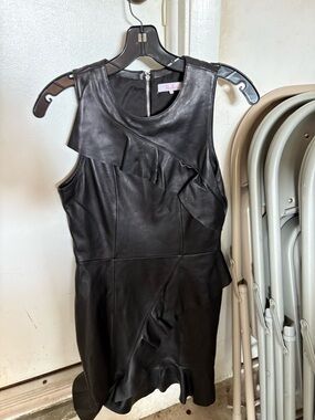 Parker Black Leather Ruffle-Front Mini Dress
